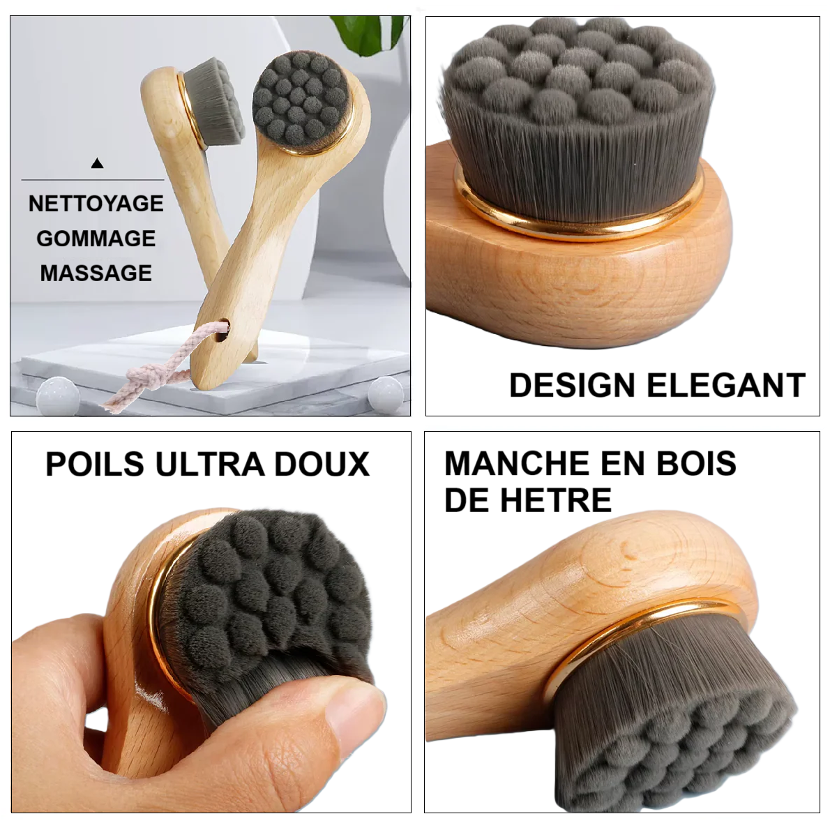 Brosse de gommage et nettoyage du visage luxe en bois